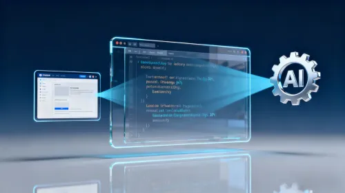 Visualisation du codage alimenté par l'IA pour la création de sites Web, avec un engrenage d'IA symbolisant le développement automatisé.