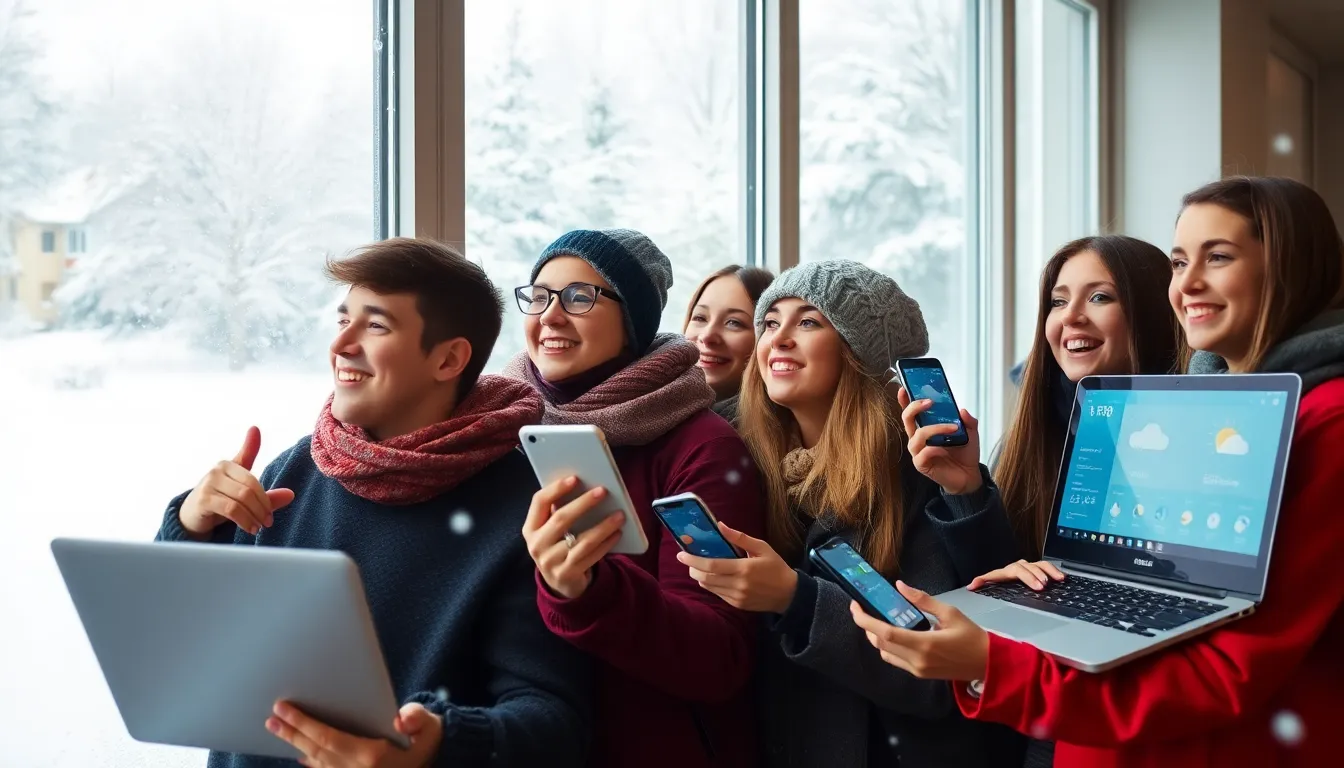Students checking snow day predictions from home