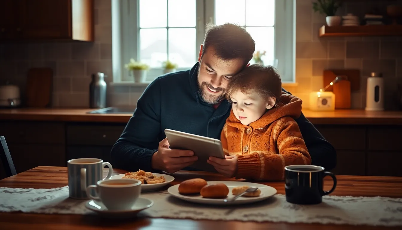 Parent and child using calculator at home