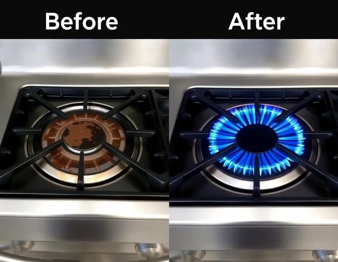 Before and after gas stove cleaning