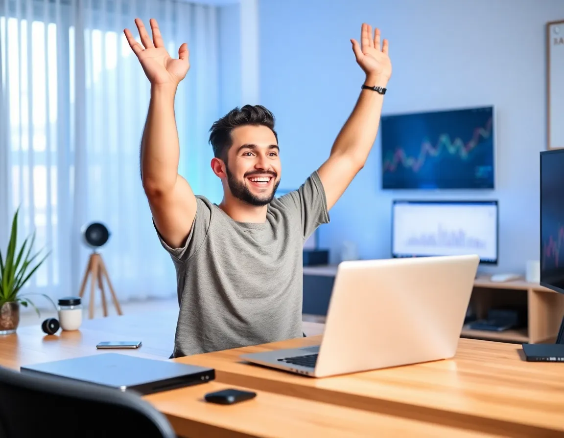 Successful YouTube creator celebrating financial freedom