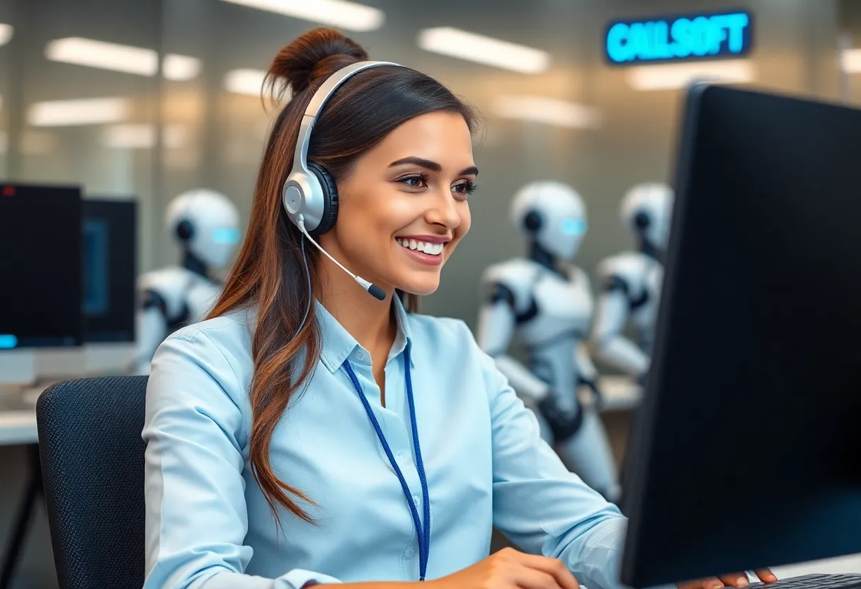Beautiful 23-year-old woman in AI call center office talking with customer with smile, robots in background, Call Soft text visible