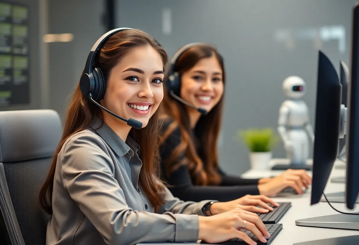 Beautiful 23-year-old woman providing excellent customer service in AI call center with smile, robots assisting, Call Soft branding