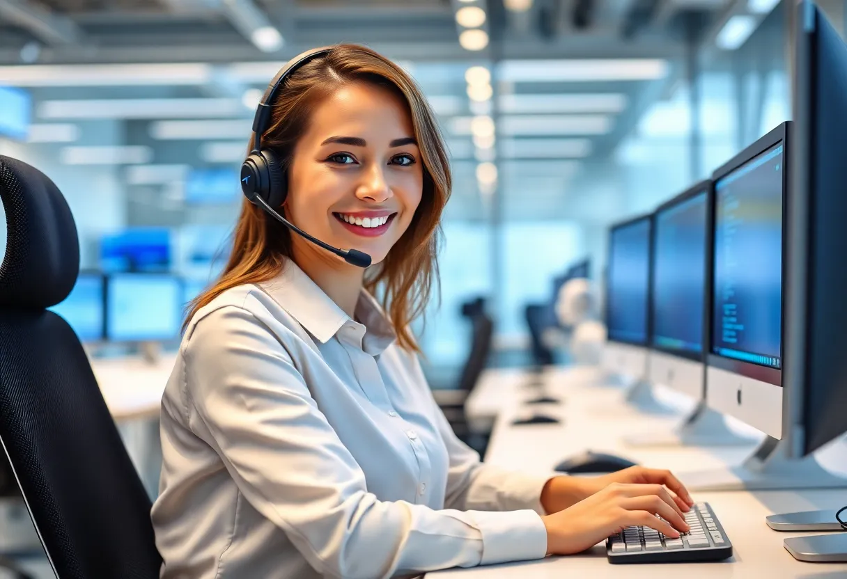 Beautiful 23-year-old woman working with AI robots in modern call center office, smiling while talking to customers, Call Soft technology