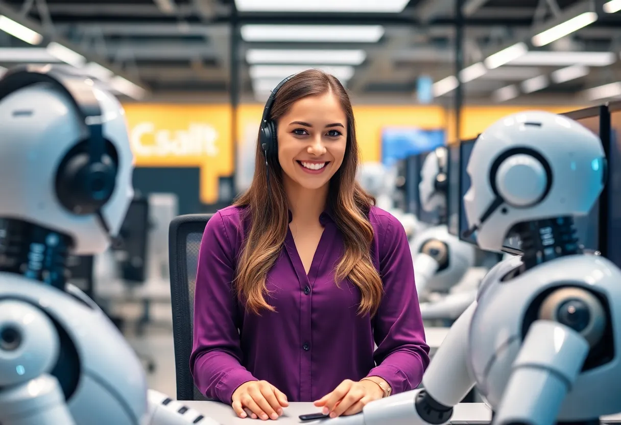 Beautiful 23-year-old woman representing Call Soft brand in AI call center, smiling while interacting with customers and robots