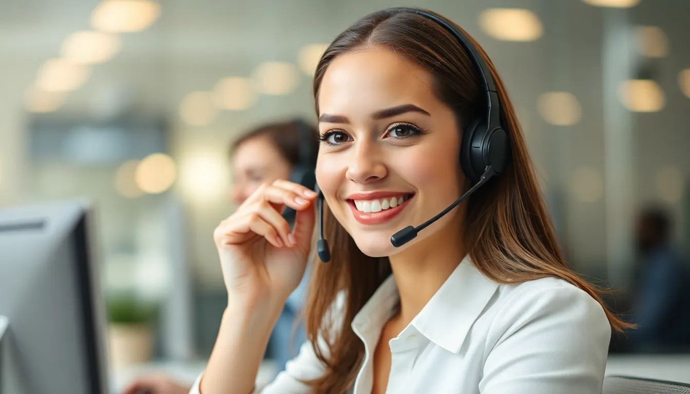 Beautiful call center professional woman with headset talking to customer with smile