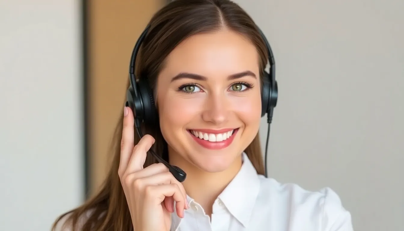 Beautiful professional woman using predictive dialer and CRM with smile