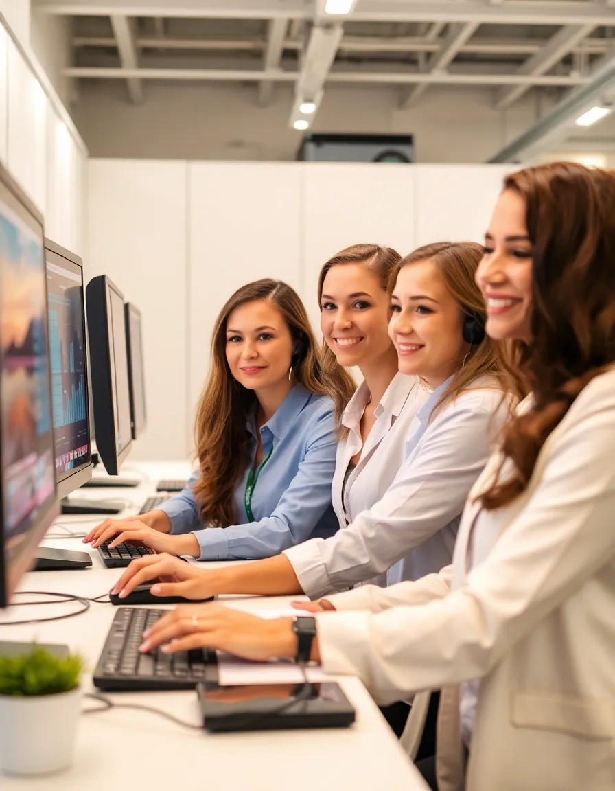 Beautiful professional women team working on VoIP systems and telecommunications