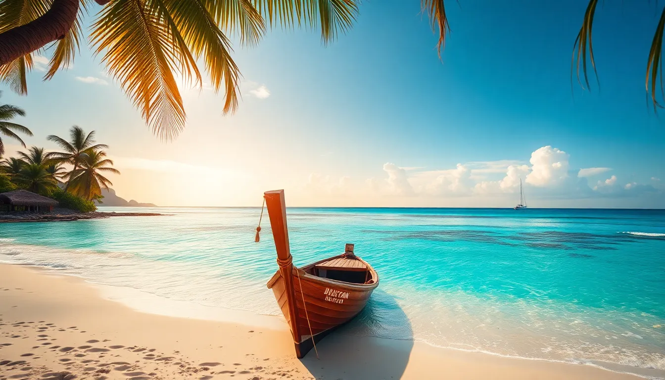 Indonesia tropical beach with palm trees and crystal clear waters
