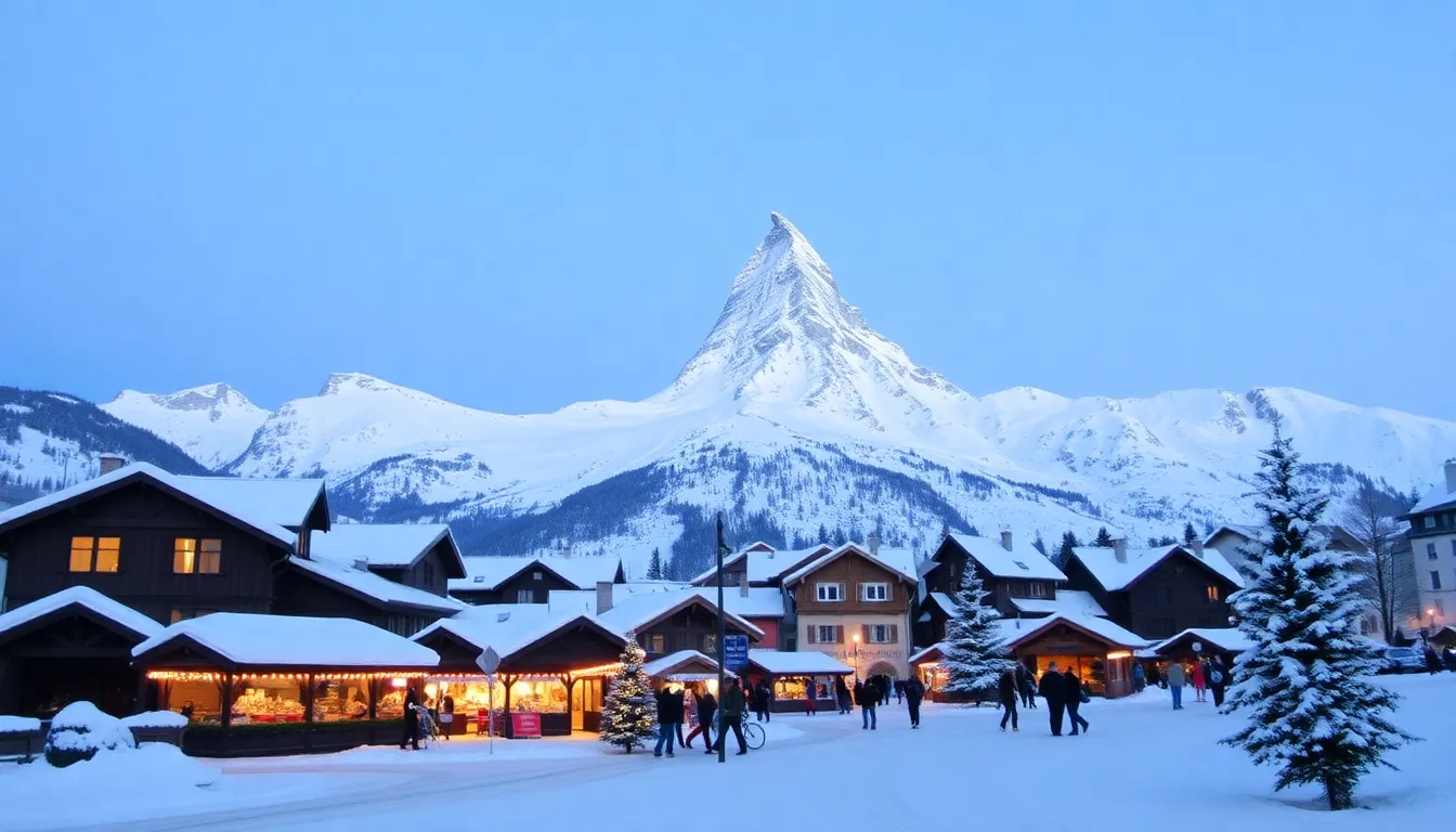 Switzerland winter wonderland with Matterhorn and snow-covered landscapes