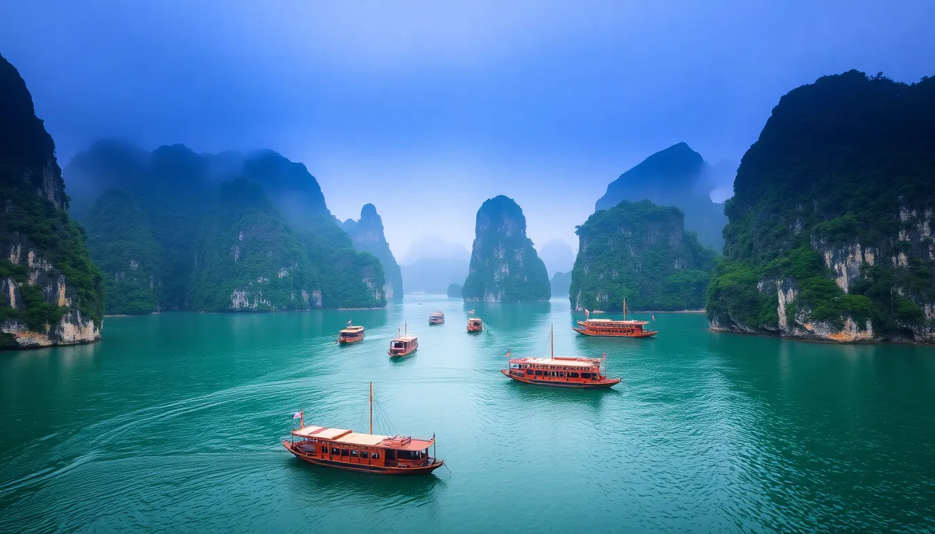 Vietnam Ha Long Bay with limestone karsts and emerald waters