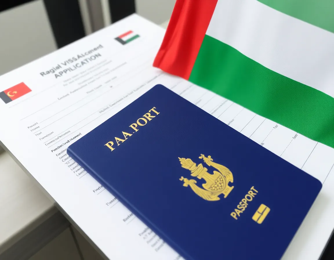 Dubai visa application documents and passport on desk with UAE flag