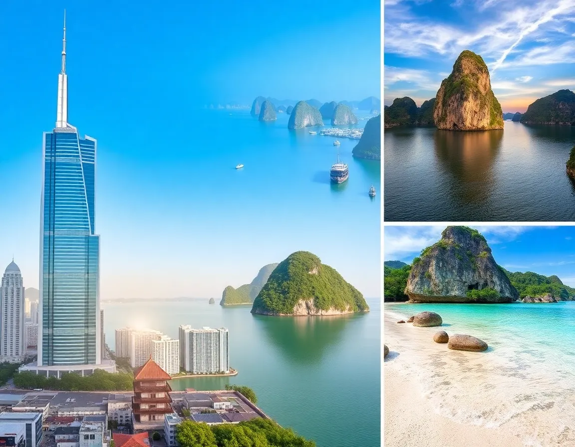 Travel destinations collage showing Dubai skyline, Vietnam landscapes, and Indonesia beaches