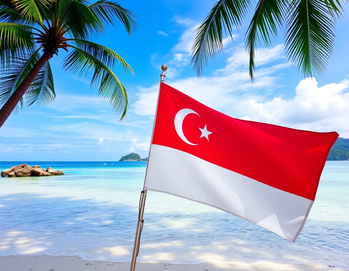 Indonesia visa application with Indonesian flag and tropical beach background