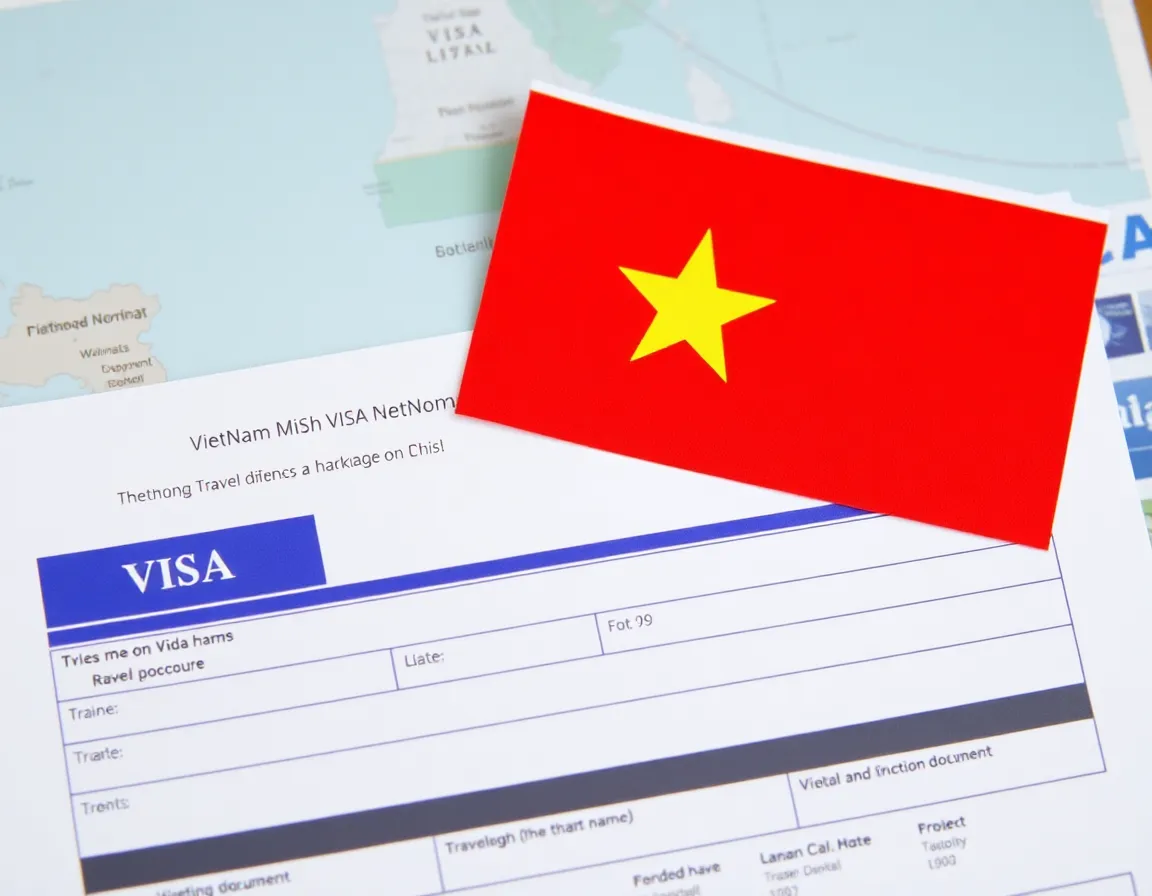 Vietnam visa application form with Vietnamese flag and travel documents