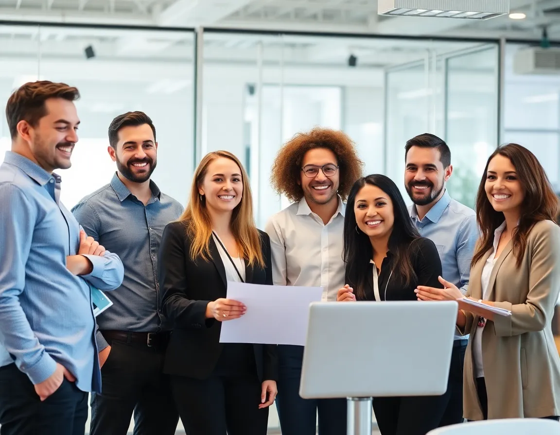 Diverse team of professionals collaborating in modern workspace