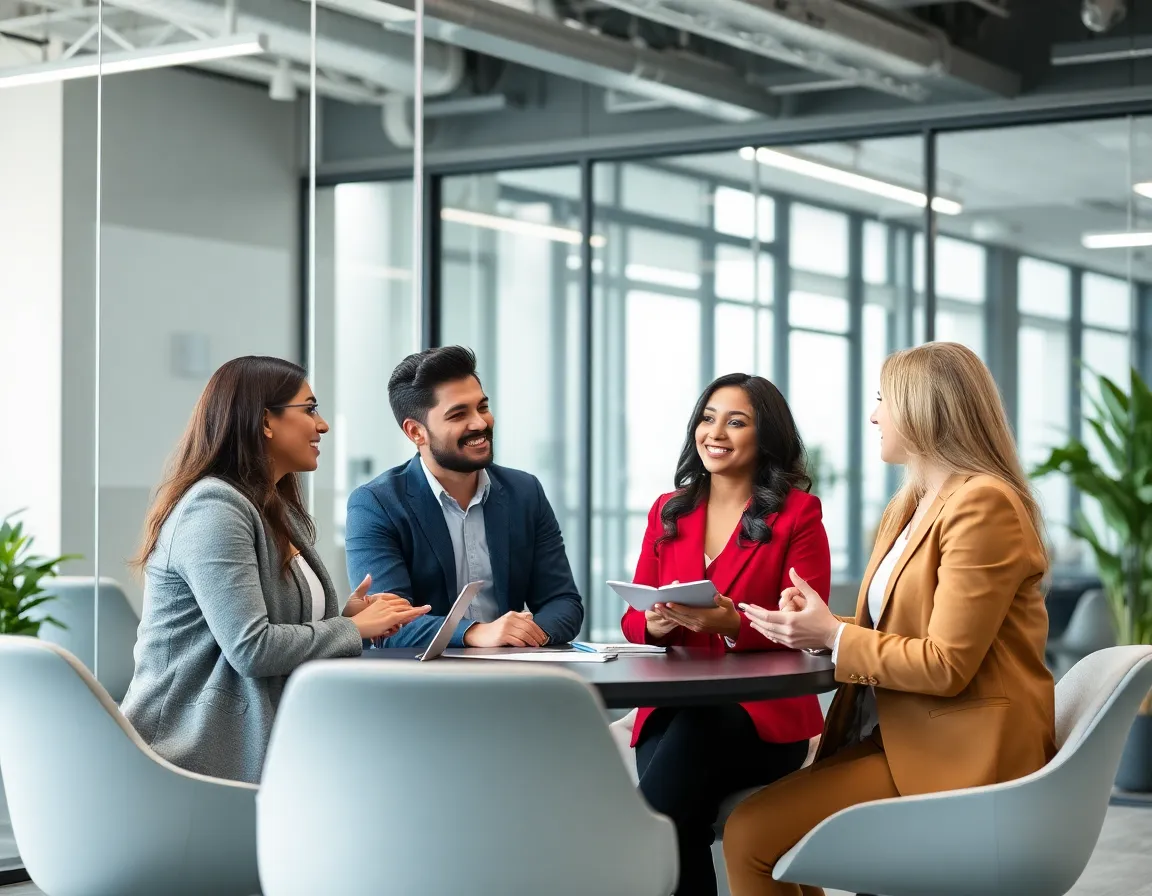 Professional team meeting discussing recruitment strategies