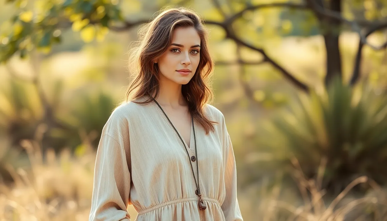 Woman wearing sustainable eco-friendly clothing collection