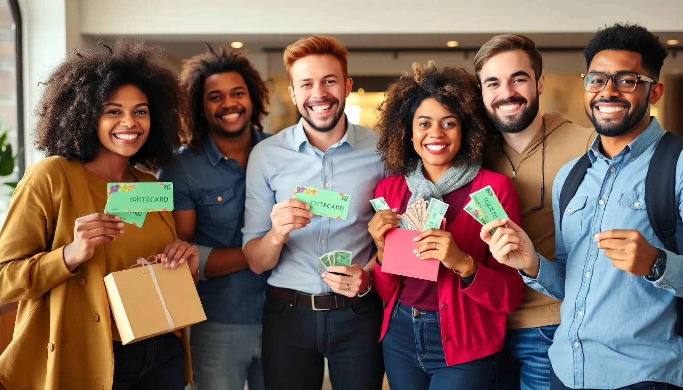 People celebrating with gift cards and rewards