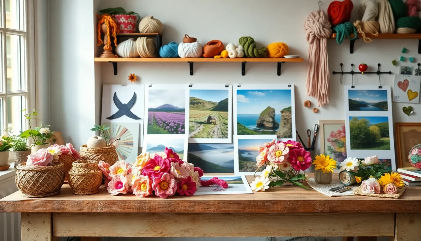 Artist's creative workspace with crochet work and nature photography