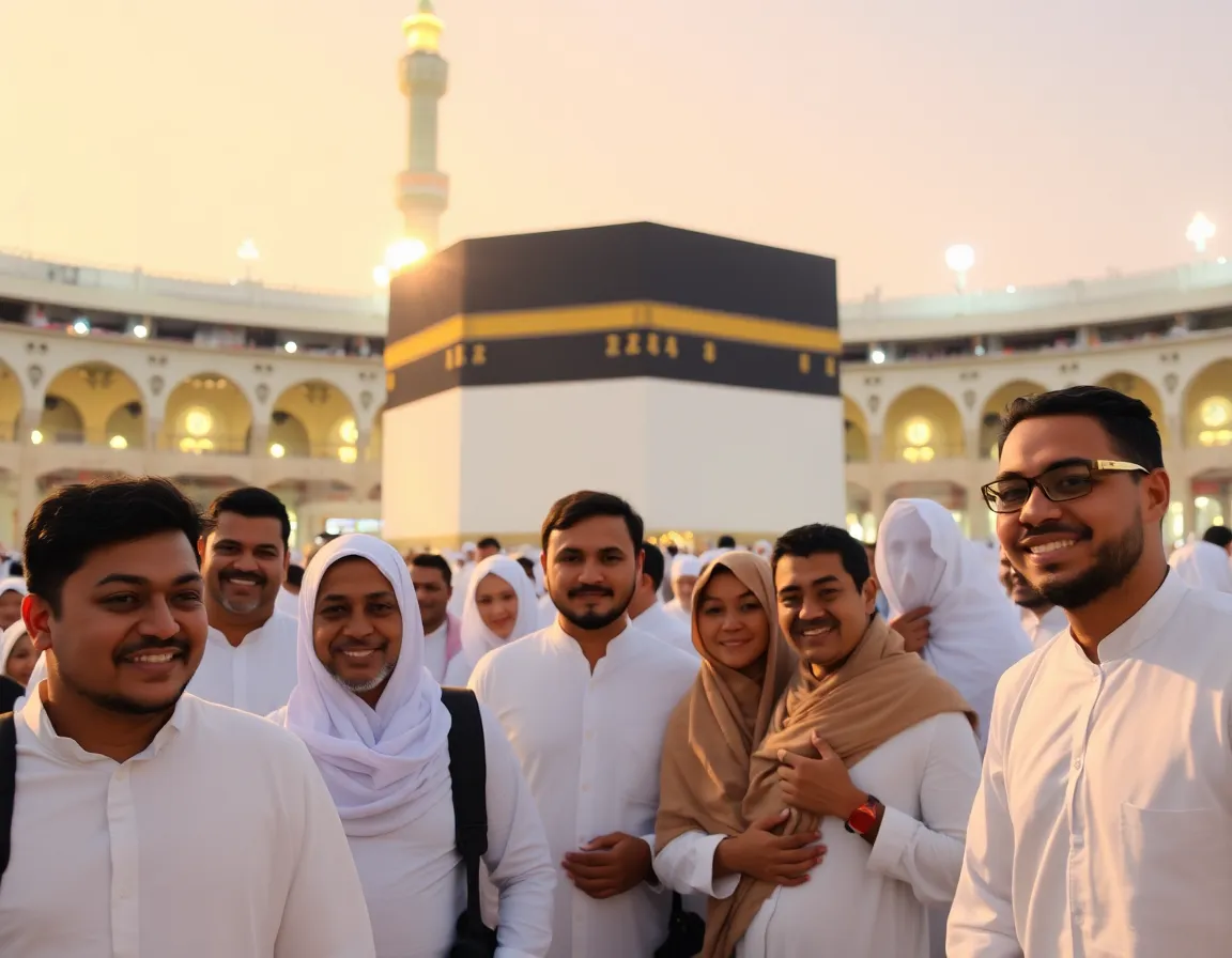 Happy Umrah pilgrims at Kaaba showing our trusted service