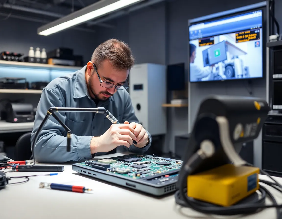 Professional laptop repair technician working in modern repair lab