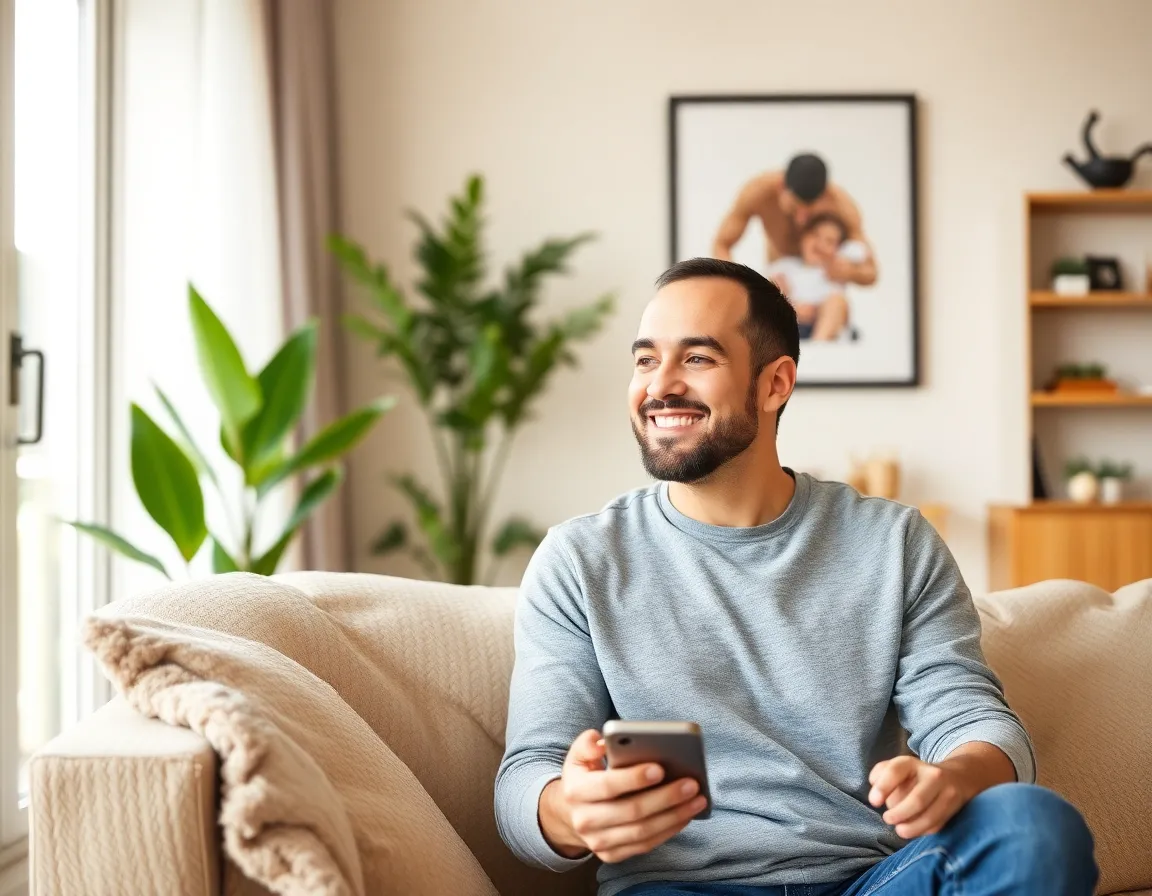Smiling man using a dating app on his phone