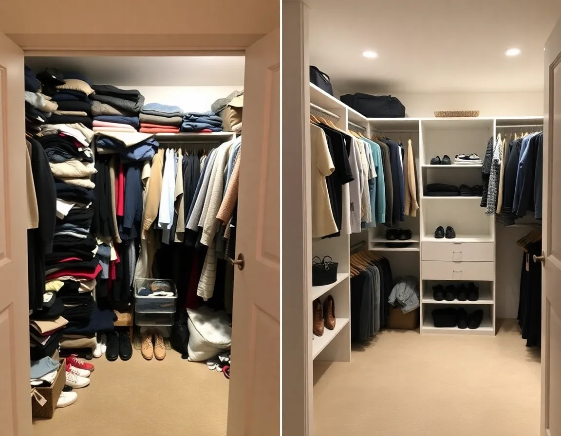 Cluttered closet vs organized custom closet comparison