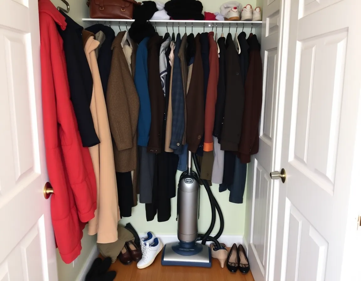 Cluttered hall closet before organization