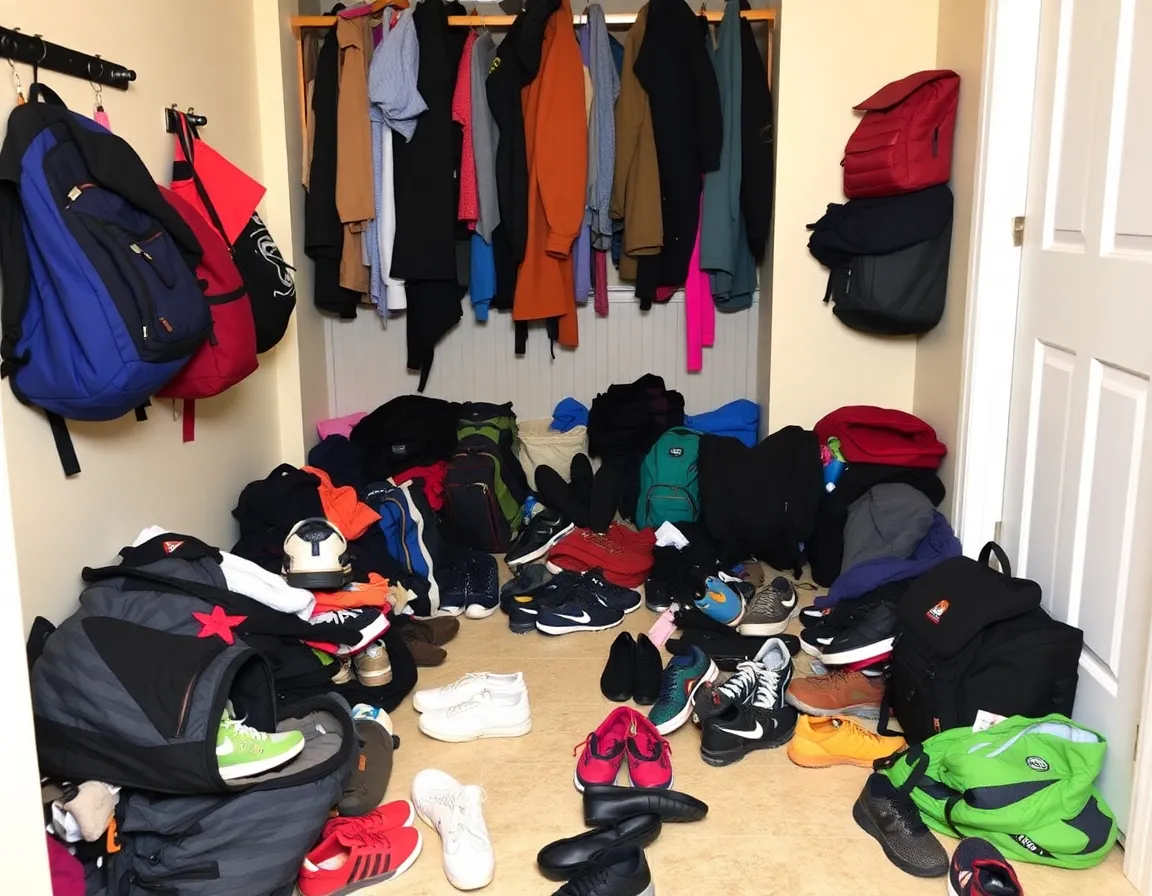 Disorganized mudroom drop zone
