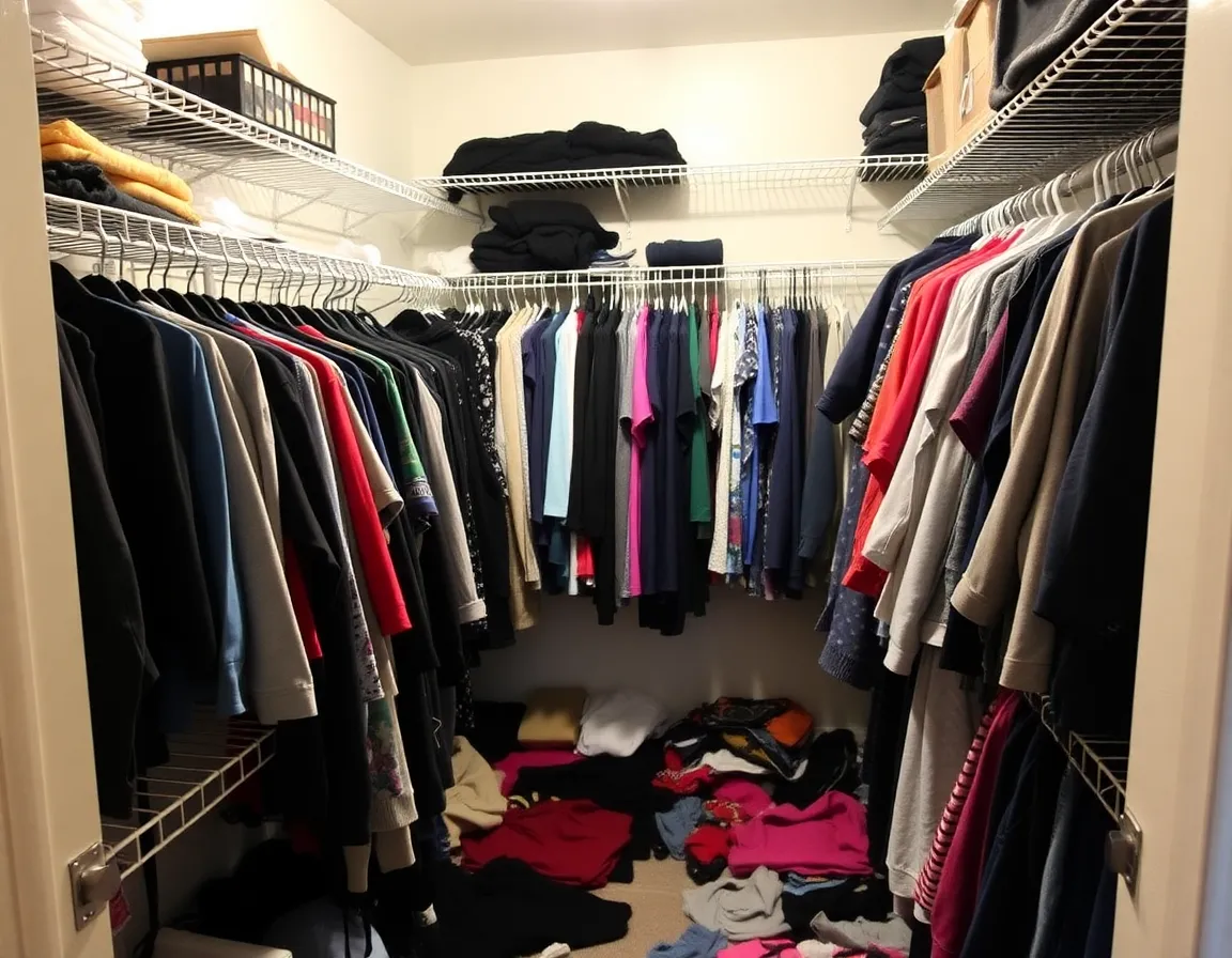 Messy walk-in closet before renovation