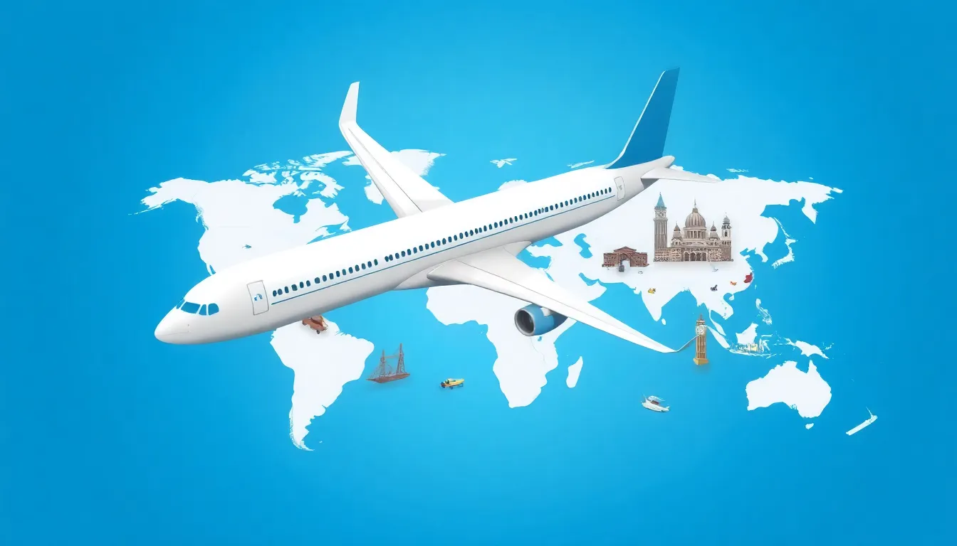 3D airplane flying over world map with landmarks