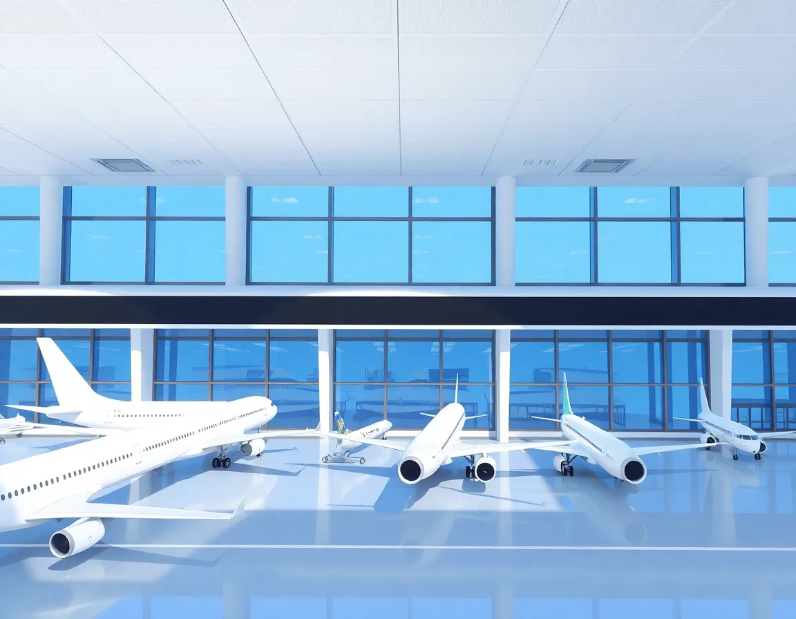 Modern airport terminal with aircraft