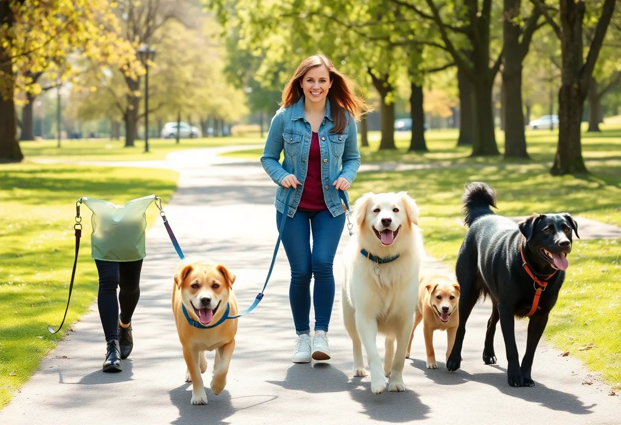 Happy dog walker with dogs