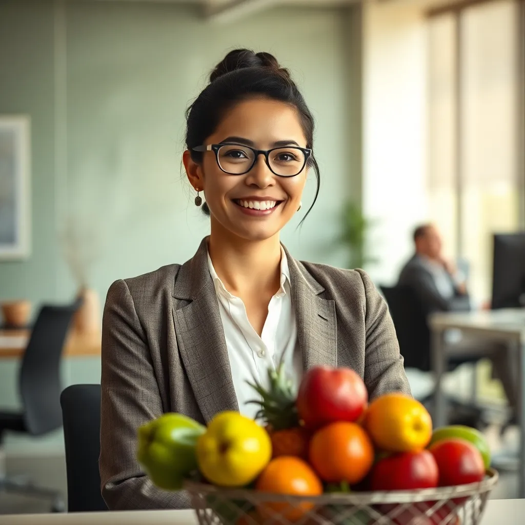 Office manager satisfecha con fruta fresca para oficina