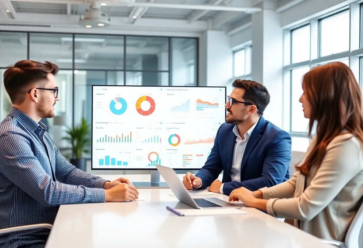 Team reviewing business dashboards in a modern office
