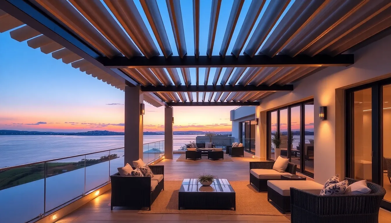 Pergola bioclimatica moderna al tramonto