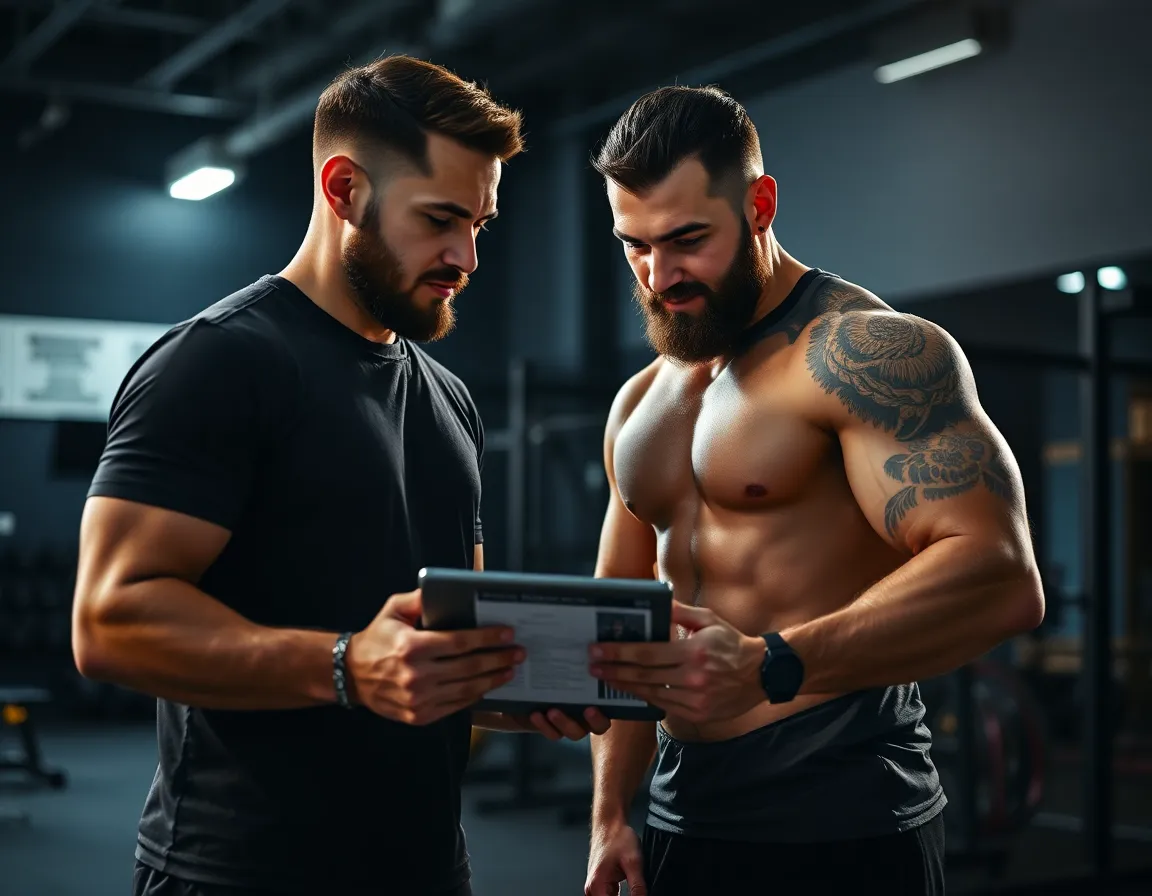 Fitness coach consulting with a client in a premium gym setting