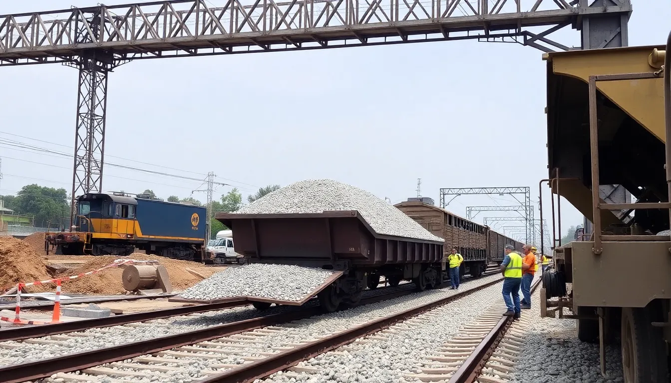 Railway ballast delivery at construction site