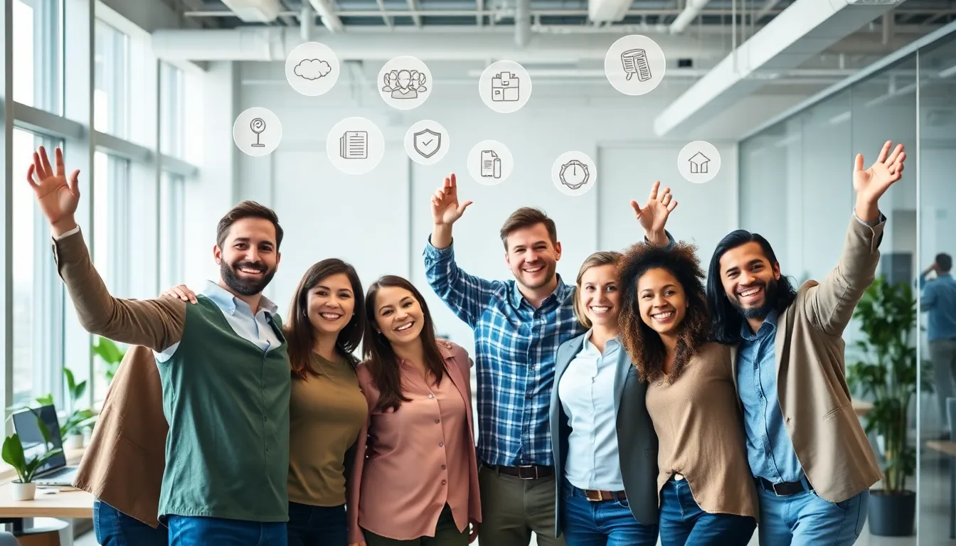 Happy workers with job benefits