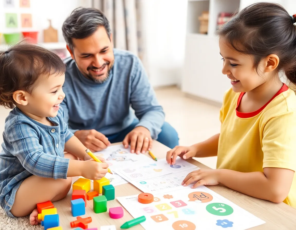 Happy preschool kids learning with educational worksheets