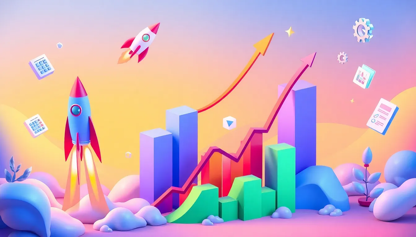 Vibrant animated business growth illustration with rockets launching upward, dynamic charts showing progress, and floating business icons in a modern 3D style