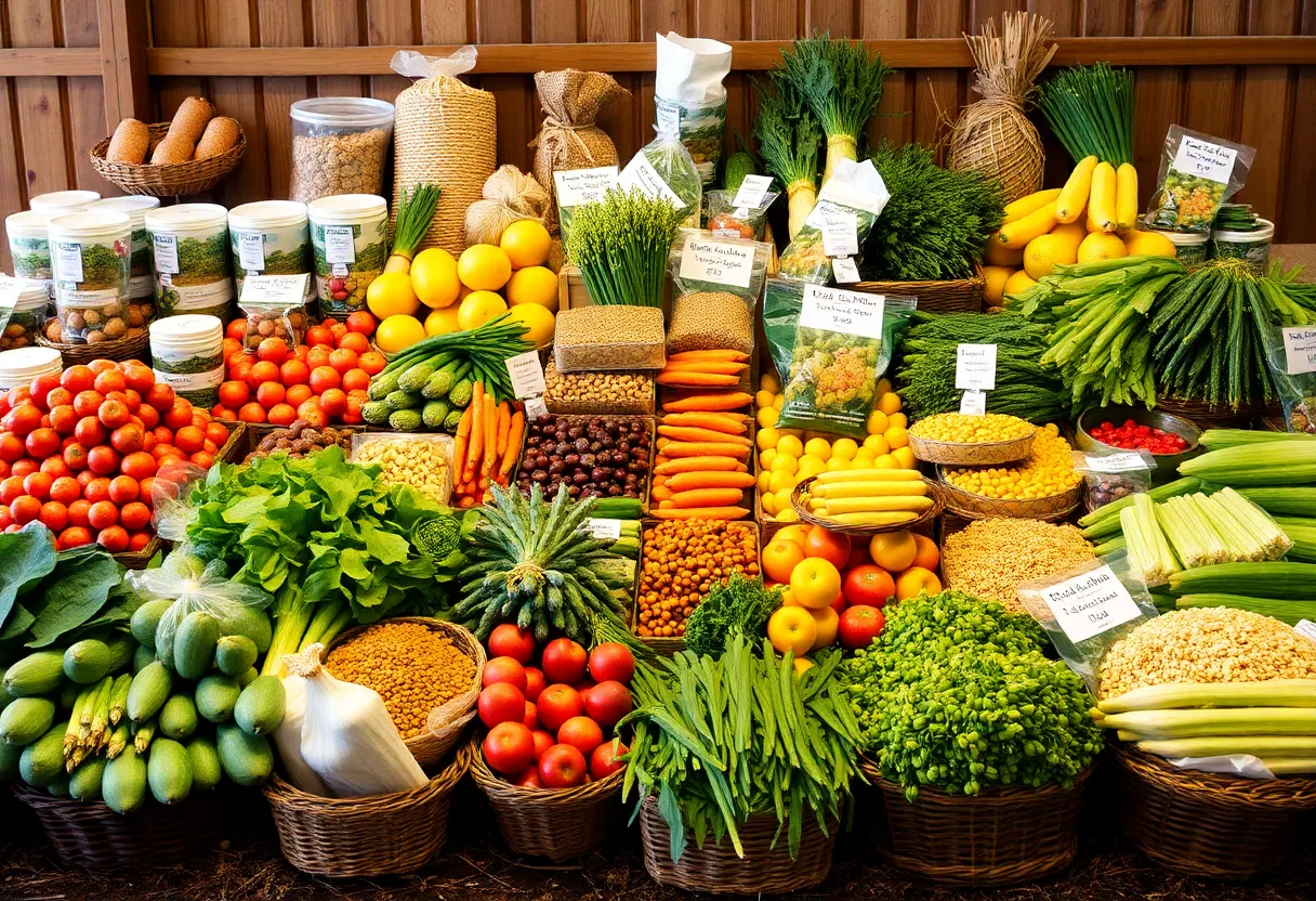 Fresh agricultural produce including fruits, vegetables, and grains