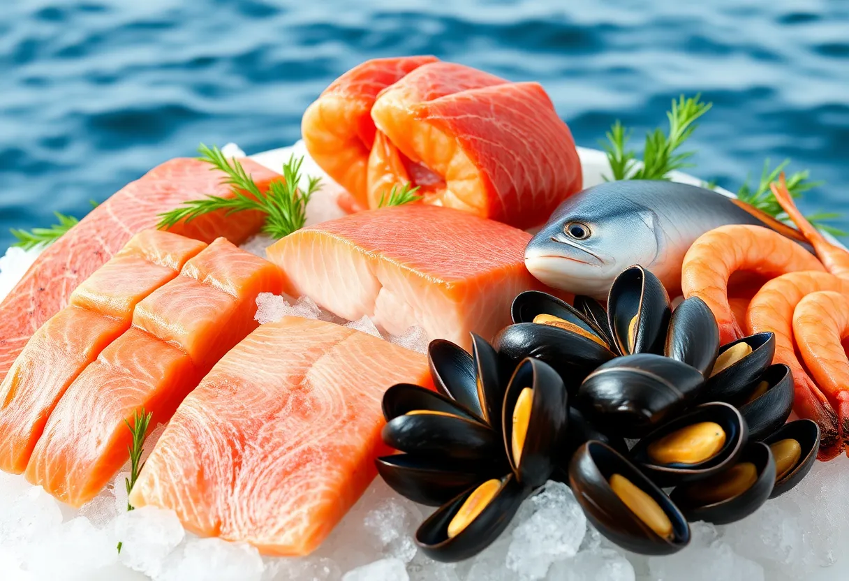 Fresh seafood selection including fish, shellfish, and marine products