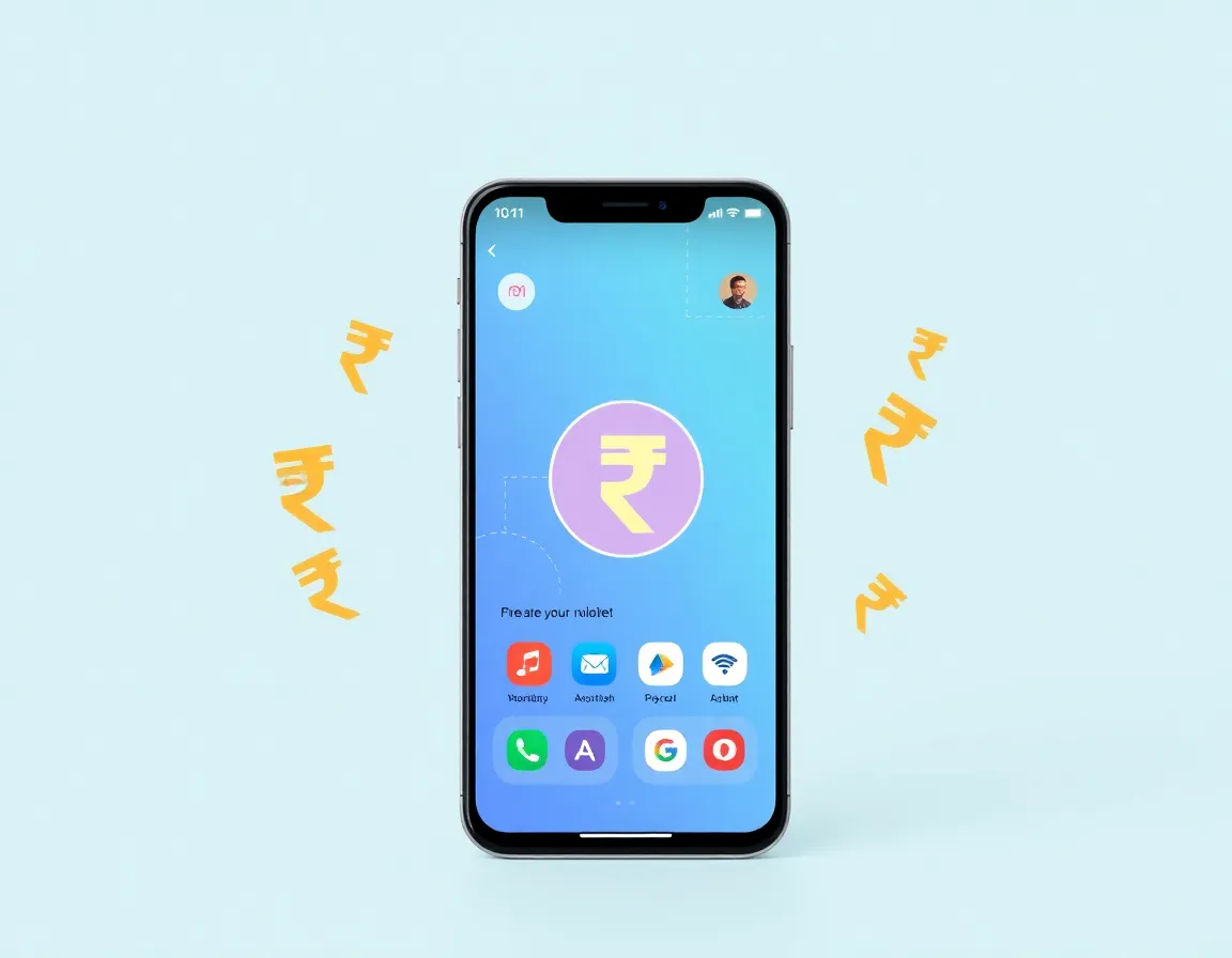 Mobile phone with Indian rupee currency and ad screens